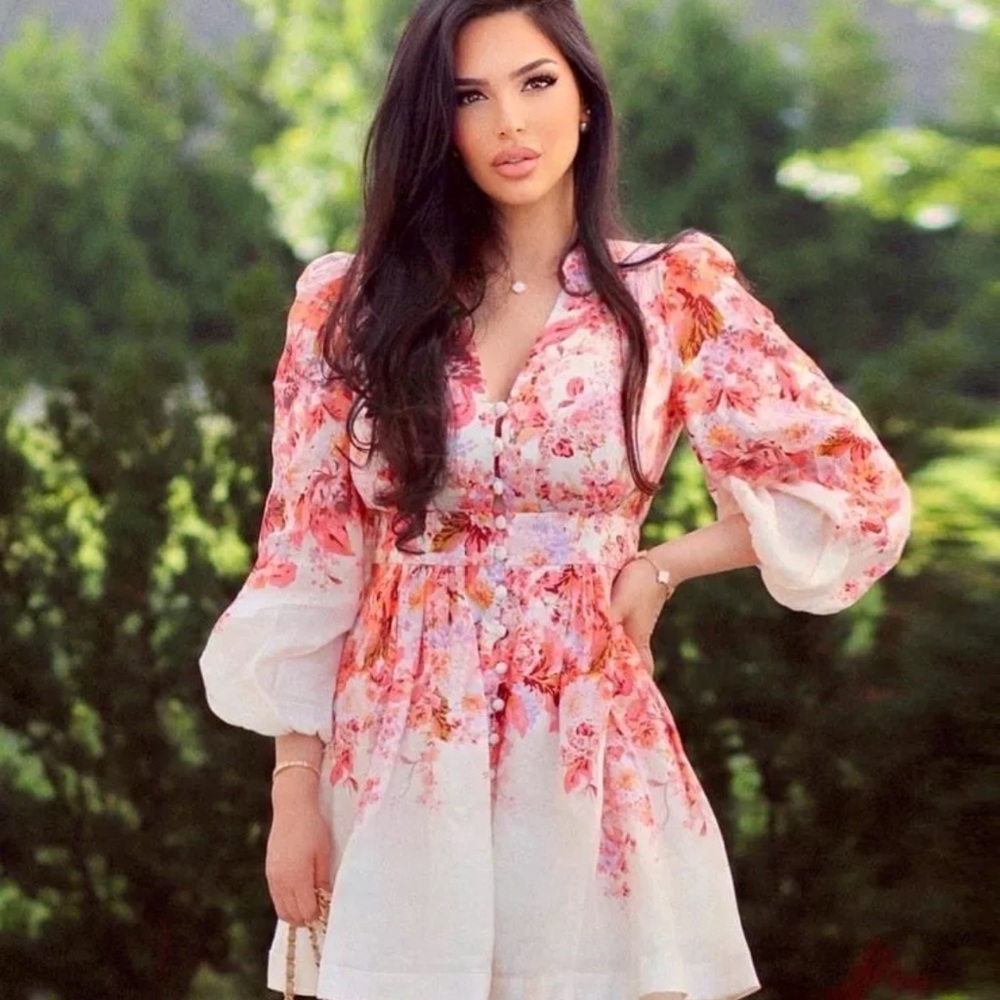 Zimmermann Devi Plunge V neck Red Floral Mini Dress